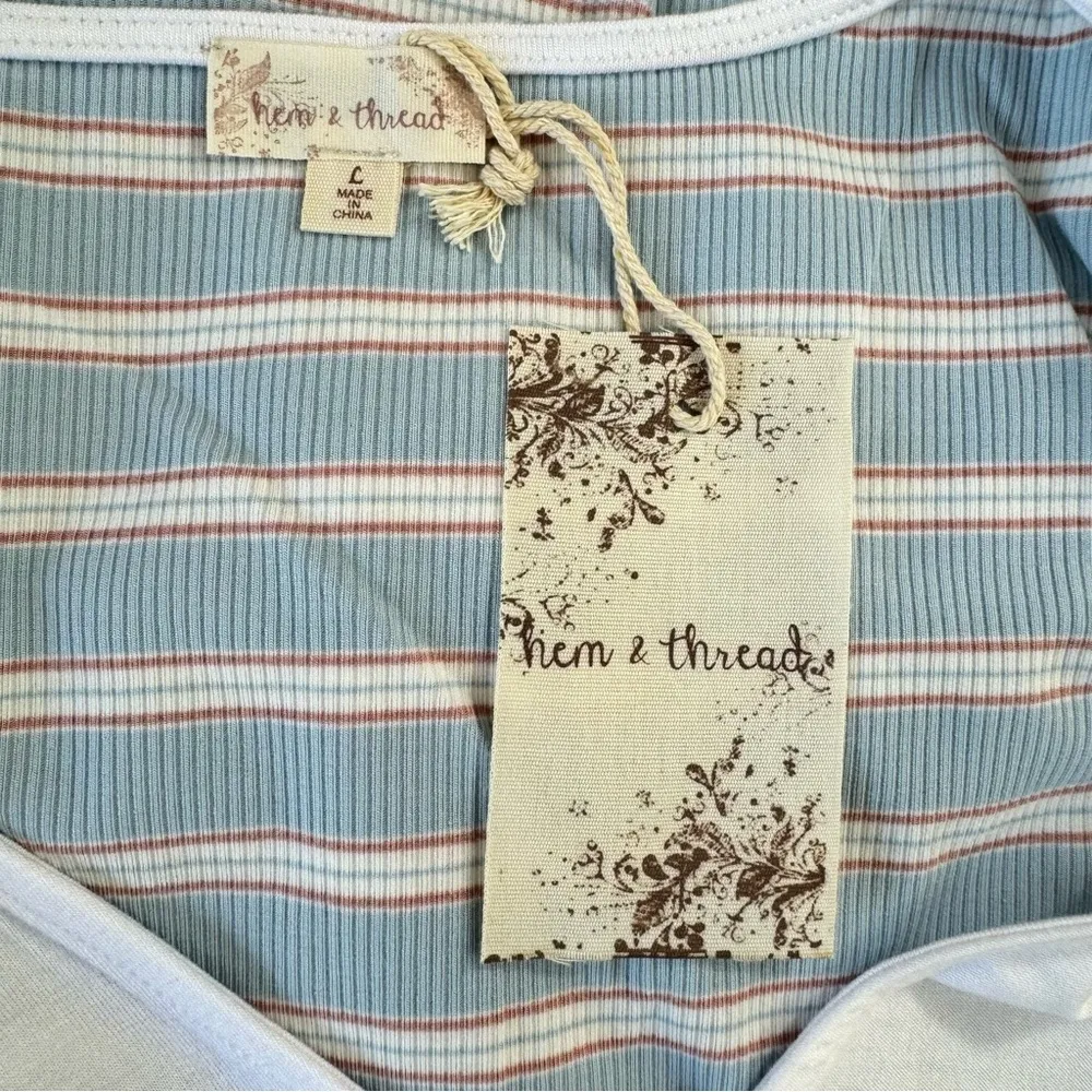 Hem & Thread White Draped Wrap Front Tank with Ribbed Blue Striped Back L NEW - Image 9