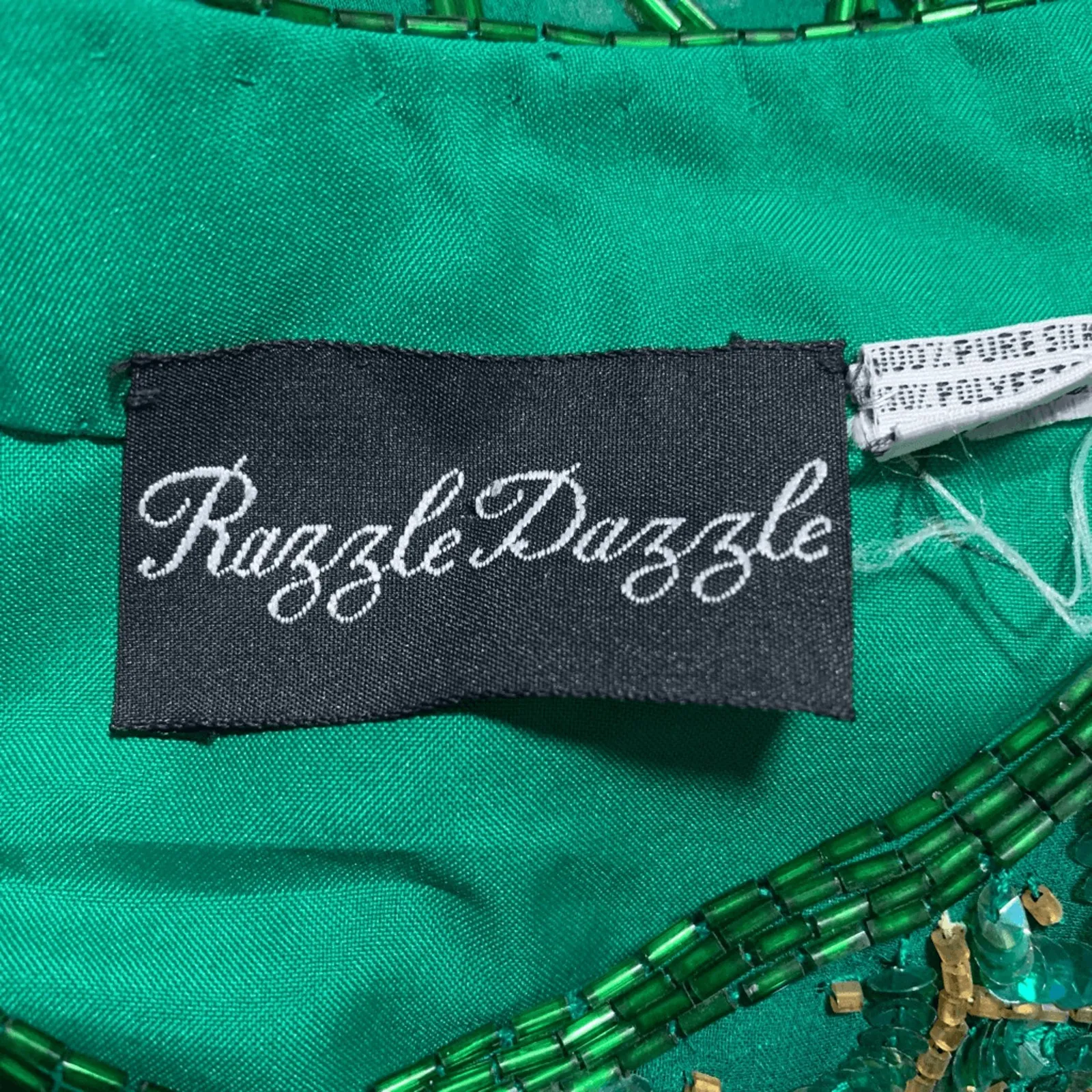 Vintage Razzle Dazzle Emerald Green Silk Beaded Open Front Evening Jacket Size M - Image 7