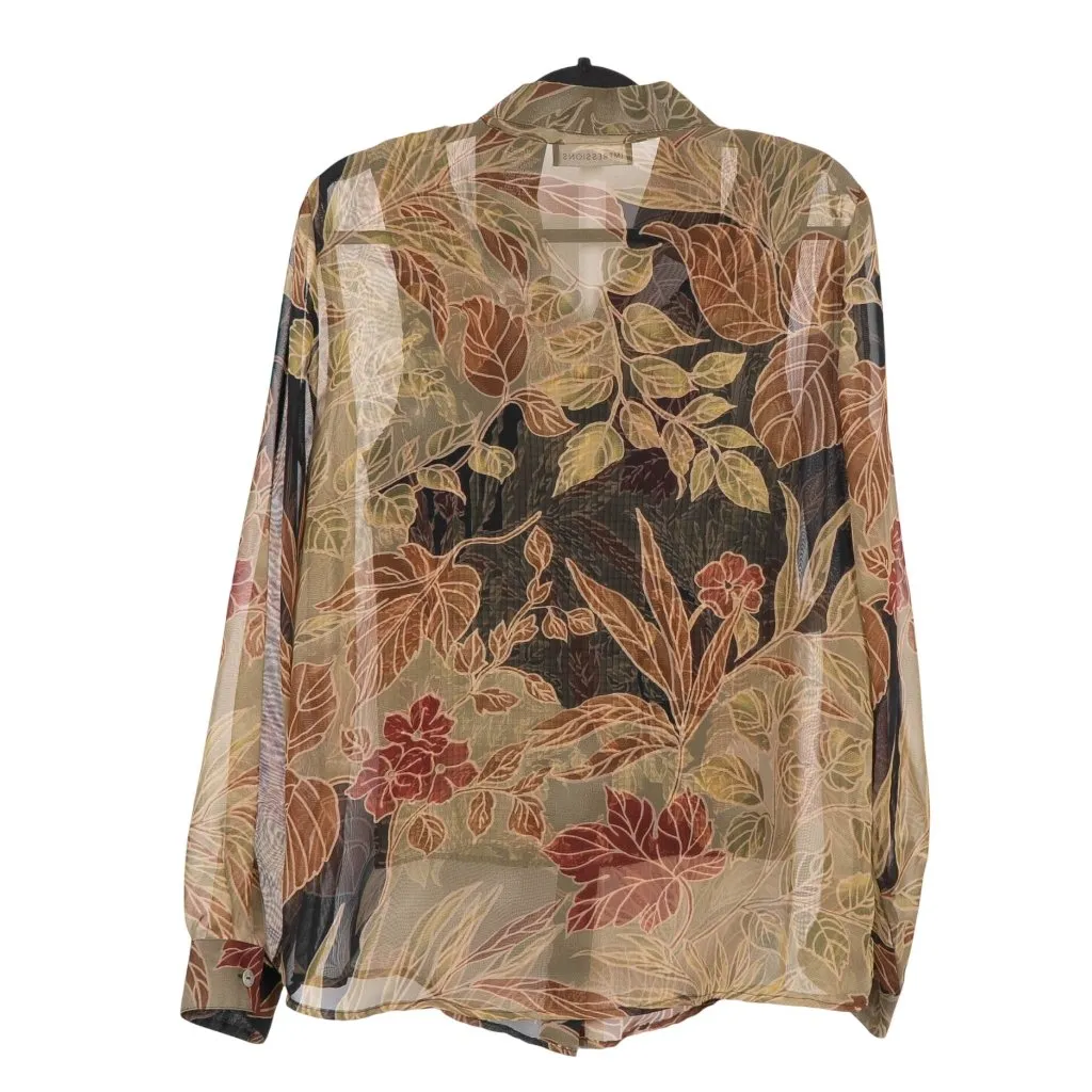 Impressions Sheer Blouse Tank Set L Women Floral Button Up Green Red Brown Fall - Image 6