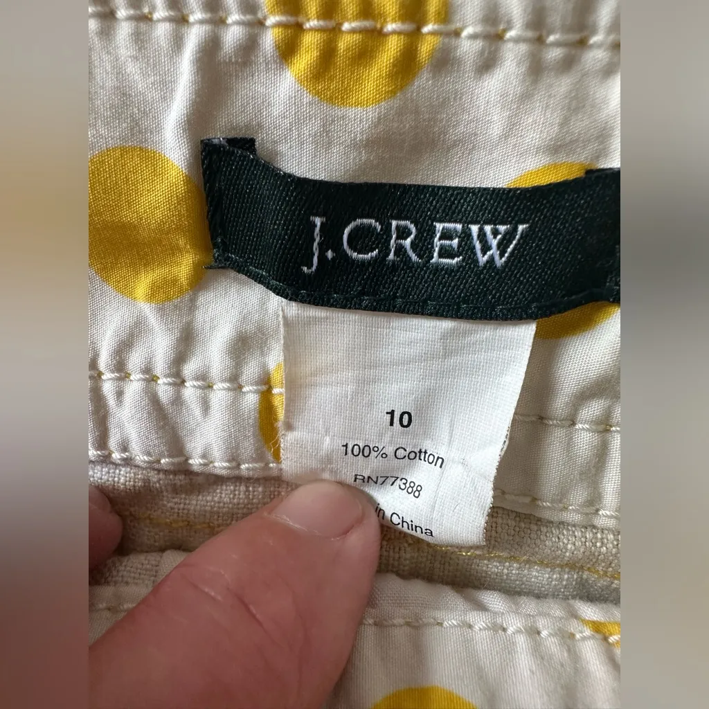J.Crew Mini Skirt Yellow White Polka Dot Button Detail Pockets Cotton Size 10 - Image 3