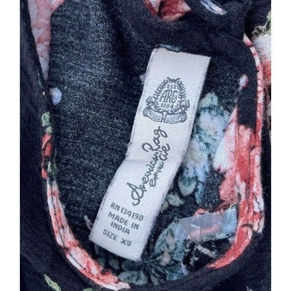 American Rag Floral Top Blouse Womens Sz XS Black Lace Up Back Bell Sleeves Boho - Image 5