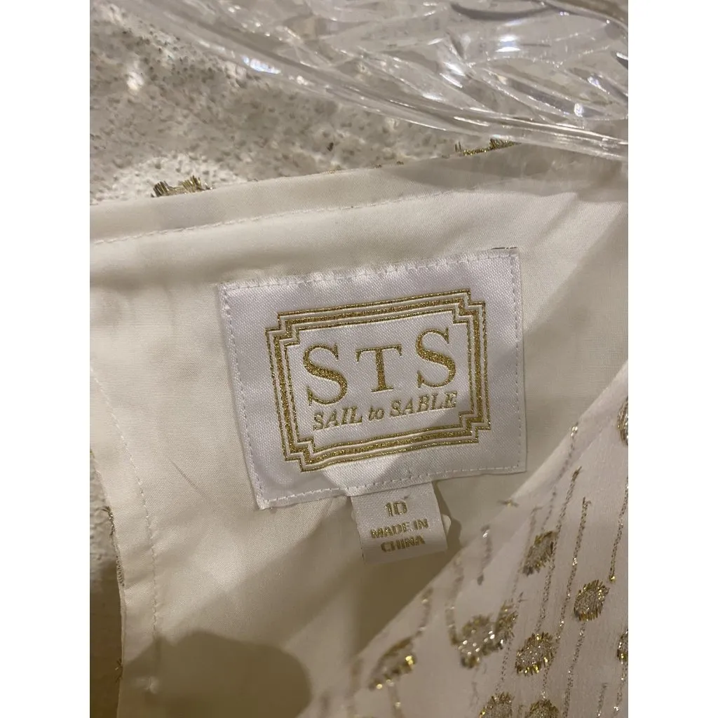 Sail to Sable Dress Womens 10 Ivory Gold Sequin Shift 3/4 Sleeve Holiday Party - Image 3