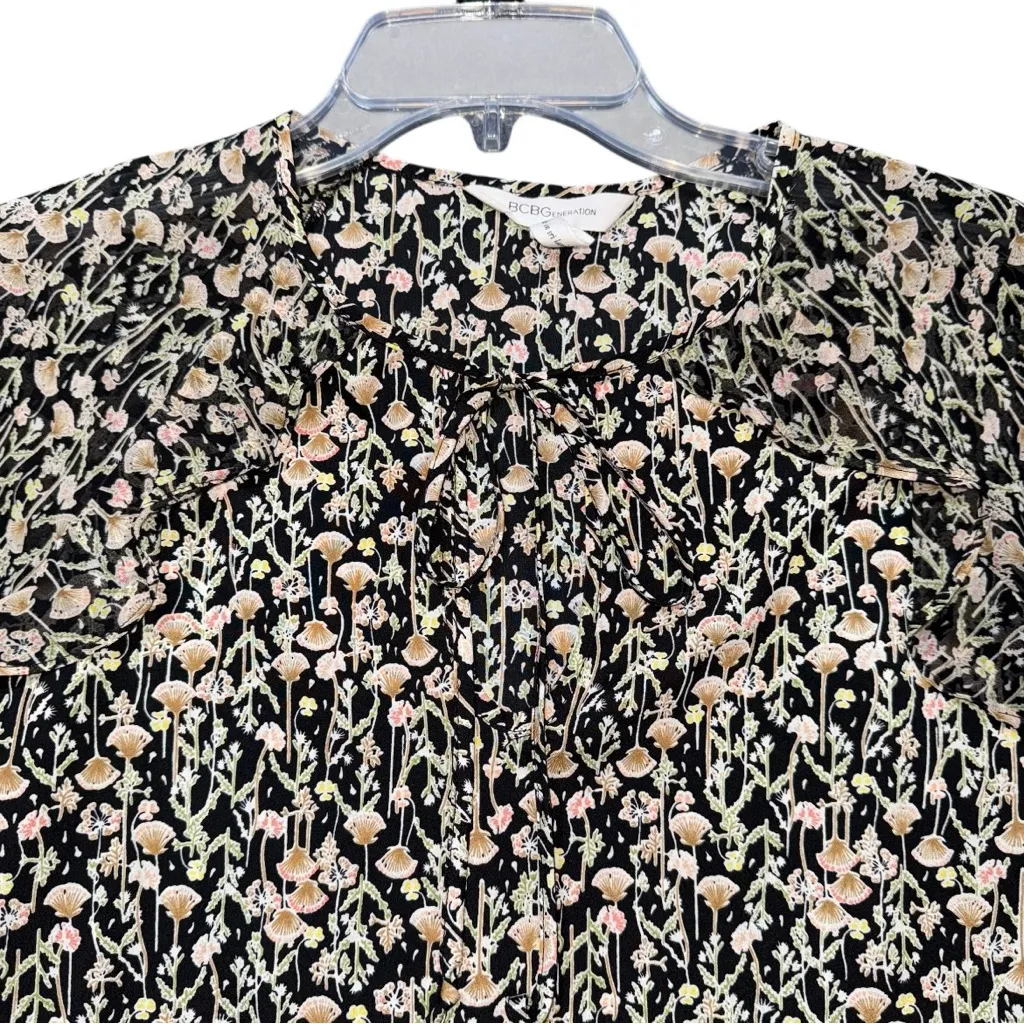 BCBGeneration Sz XXS Sheer Floral Long Sleeve Blouse Black Dandelion Tie Front - Image 4