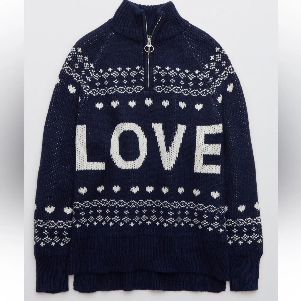 Aerie Festive Feels Quarter Zip Sweater Blue LOVE Cozy Cabin Isle Knit Pullover - Image 3
