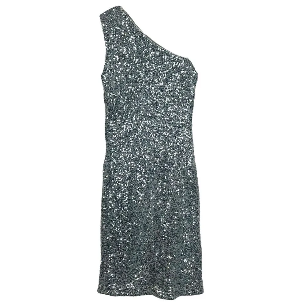 Calvin Klein One Shoulder Full Sequin Silver Sexy Formal Mini Dress Size 4 - Image 4
