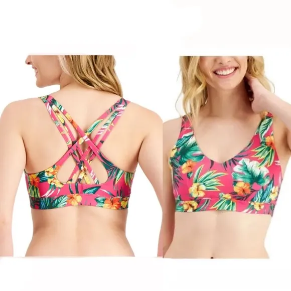 Ideology Tropical-Print Low Impact Sports Bra, True Fiery Pink Size L, New w/Tag - Image 2