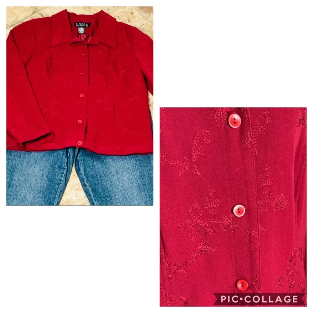 Dialogue Red Floral Embroidered Button Up Casual Dressy Career Jacket Size 12 - Image 3