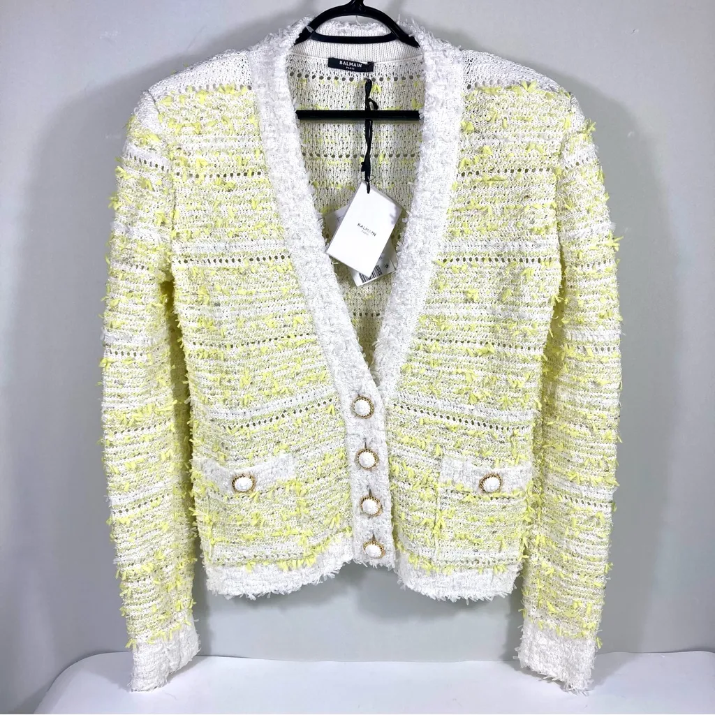 Balmain Yellow and White Tweed Cardigan 42 FR 10 US DF1KL106KG71 - Image 3