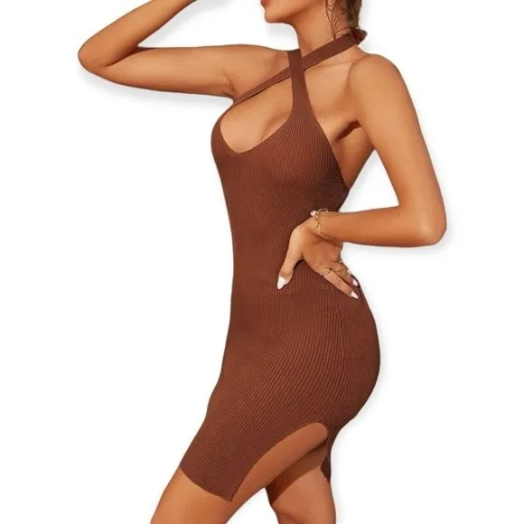 SHEIN Criss Cross Halter Neck Ribbed Knit Side Slit Mini Dress - Image 5