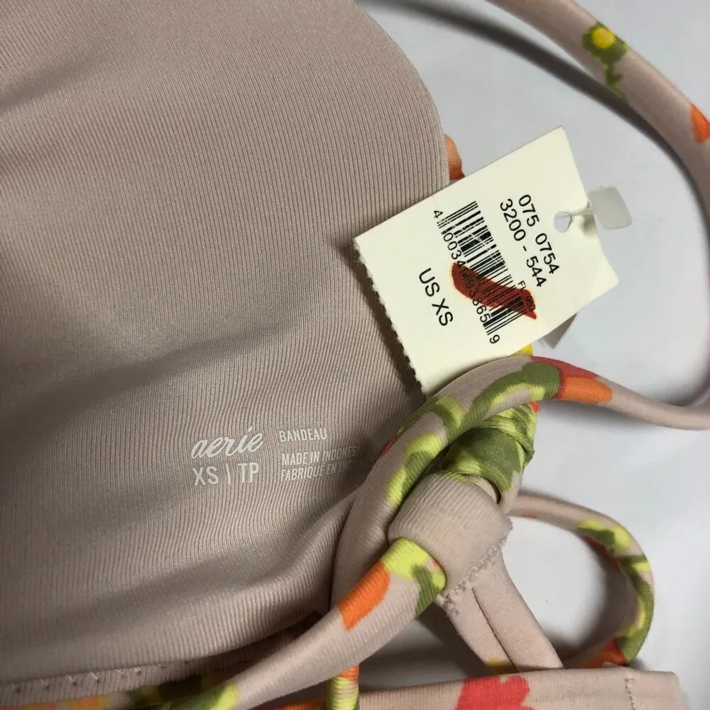 Aerie Printed Ruched Bandeau Bikini Top Floral Beige Yellow Orange XS - Image 3