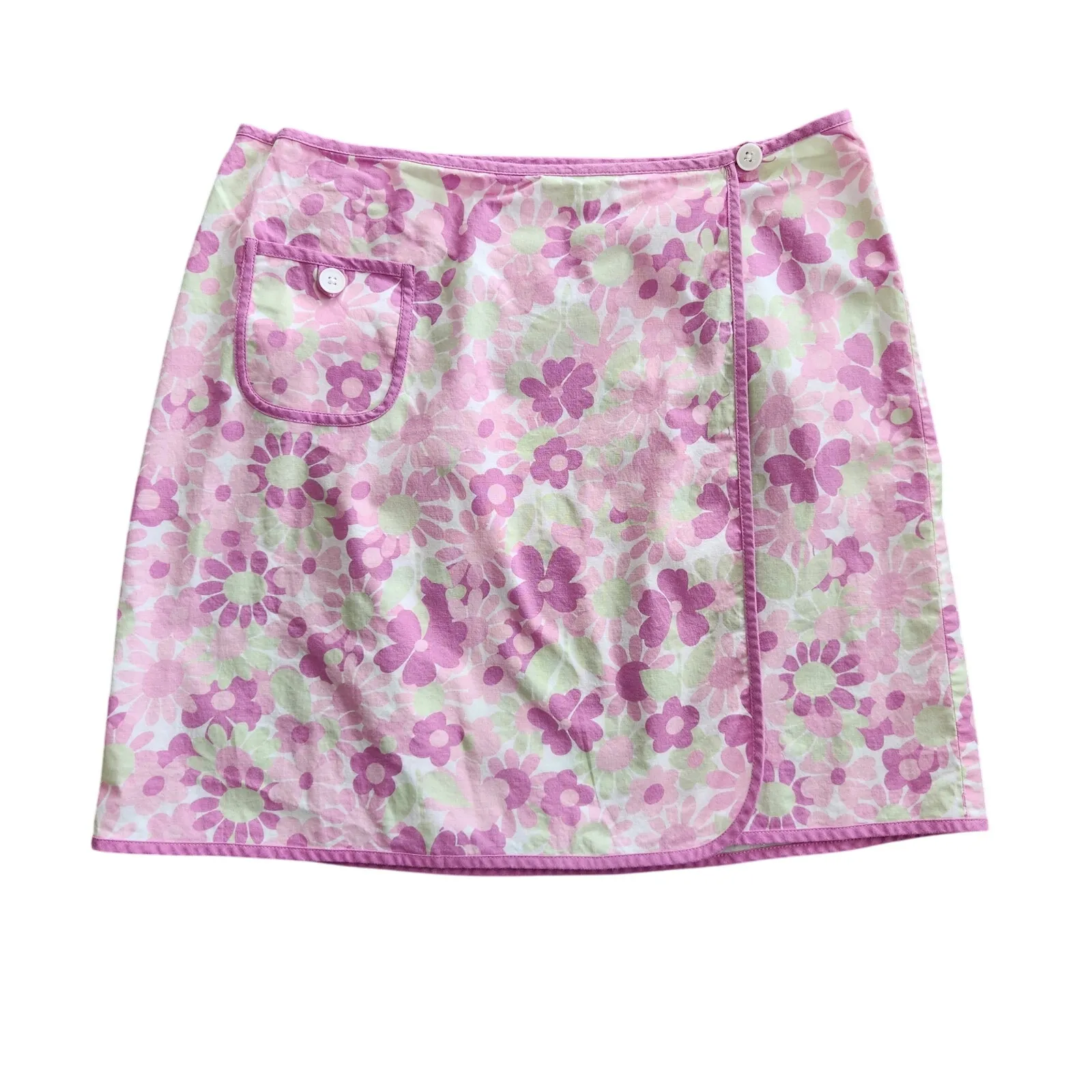 Vintage Y2K Ann Taylor Loft Pink White Green Floral Wrap Mini Skirt 6 - Image 7