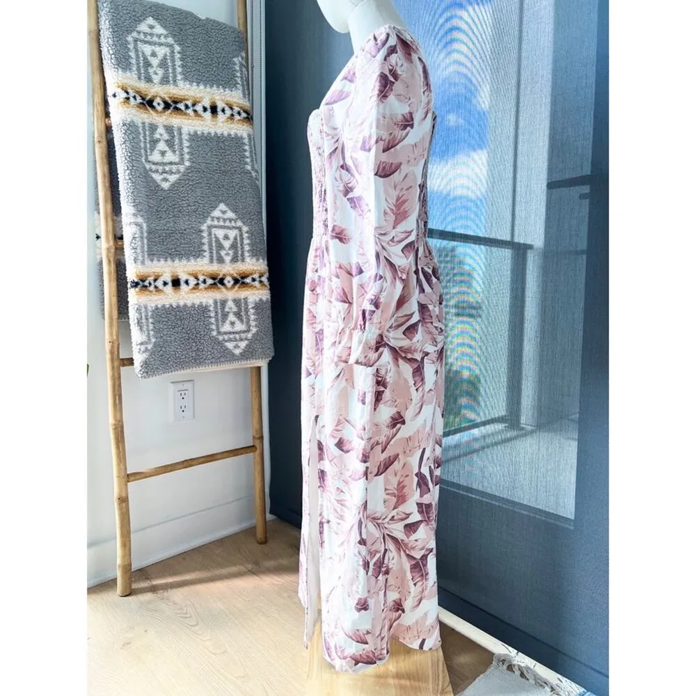 House Of Harlow 1960 White Pink Linen Blend Long Puff Sleeves Midi Dress Medium - Image 3