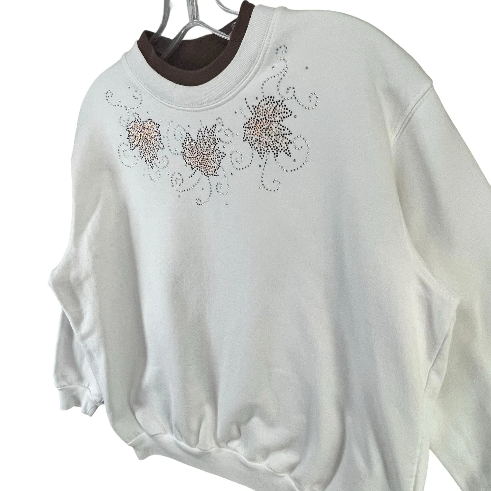 Morning Sun Top Stitch Y2K Sweatshirt Petite M Beaded Fall Leaves Granny Cottage White Size undefined - Image 2