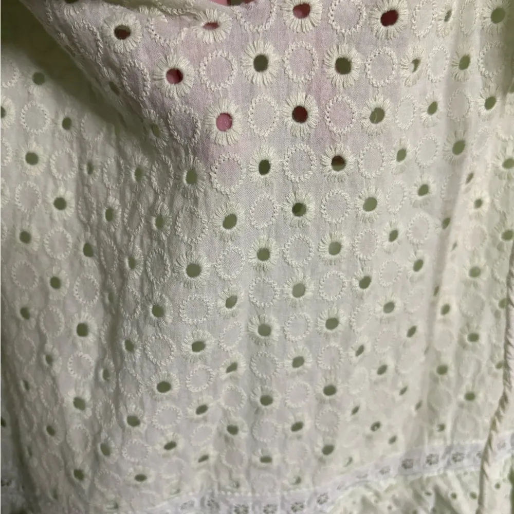 Zara Cotton Eyelet Mint Green Tiered Midi Dress Ruffles Tie Neck New Size Medium - Image 7