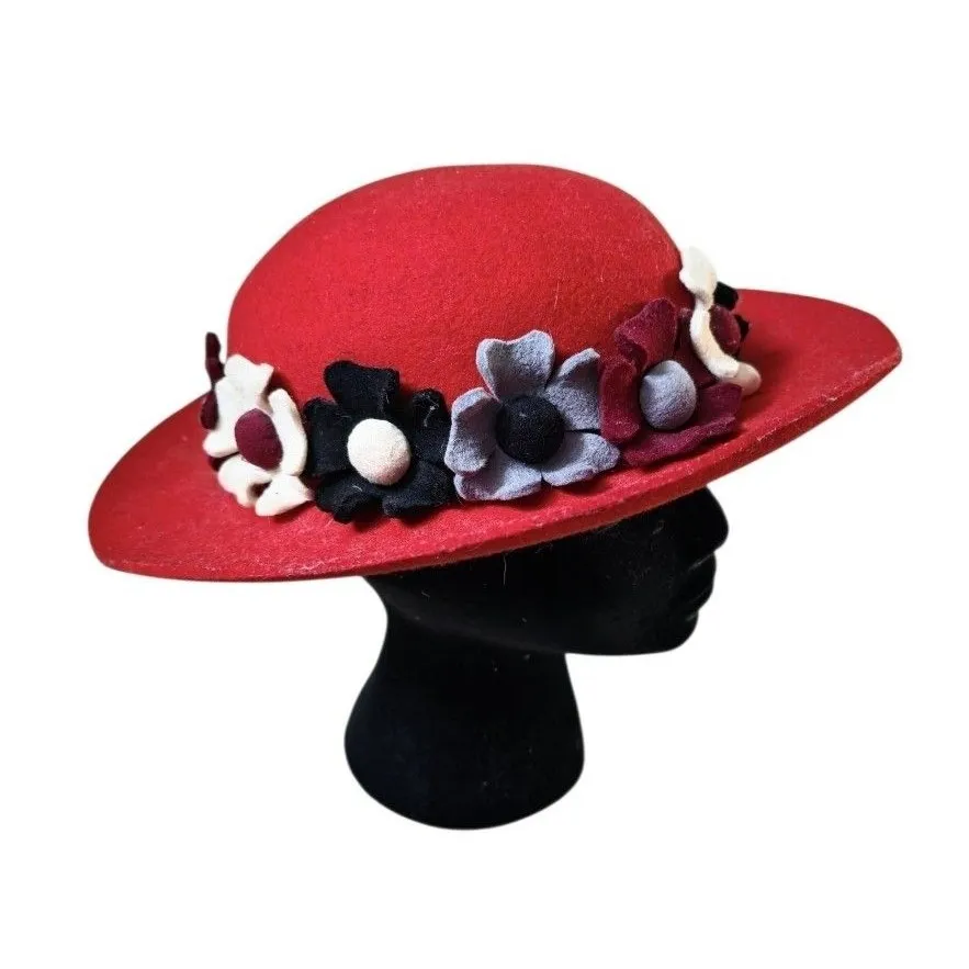 Peru Felted Wool Hat Felt Flowers Red Women Wide Brim Size Large Travel Cat Lady - Image 4