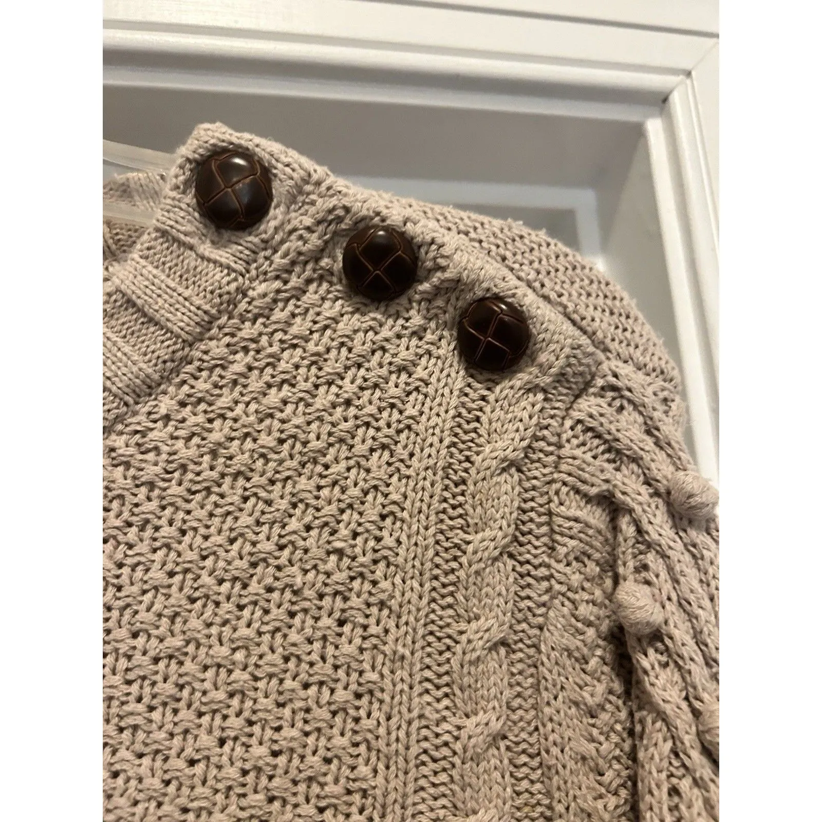 Women Winter Silks Size Medium Cable Pom Knit Sweater Fisherman Academia Preppy - Image 3