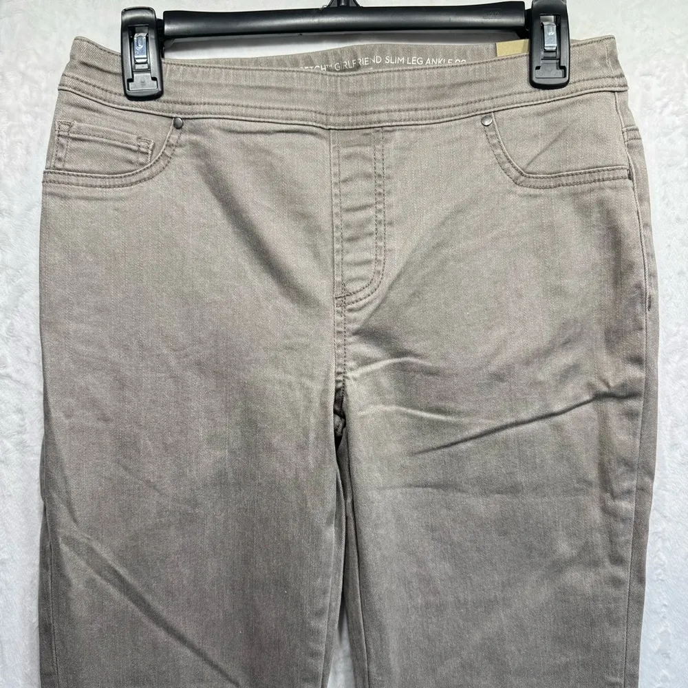 Chico’s Perfect Stretch Girlfriend Slim Leg Ankle Jeans Taupe with Lace Up Hem - Image 5