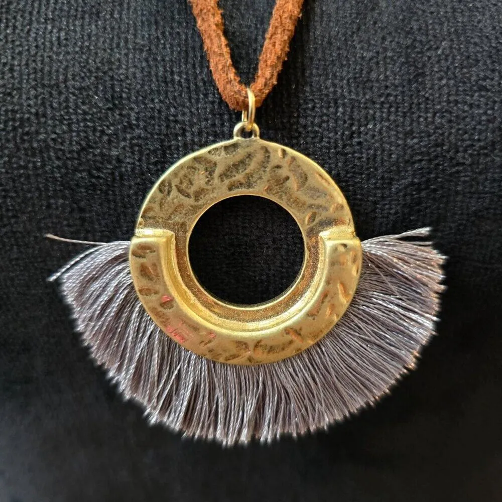 Womens Gold Tone Brass Circle Ethnic Tassel Necklace Jewelry with Lobster Clasp - Image 3