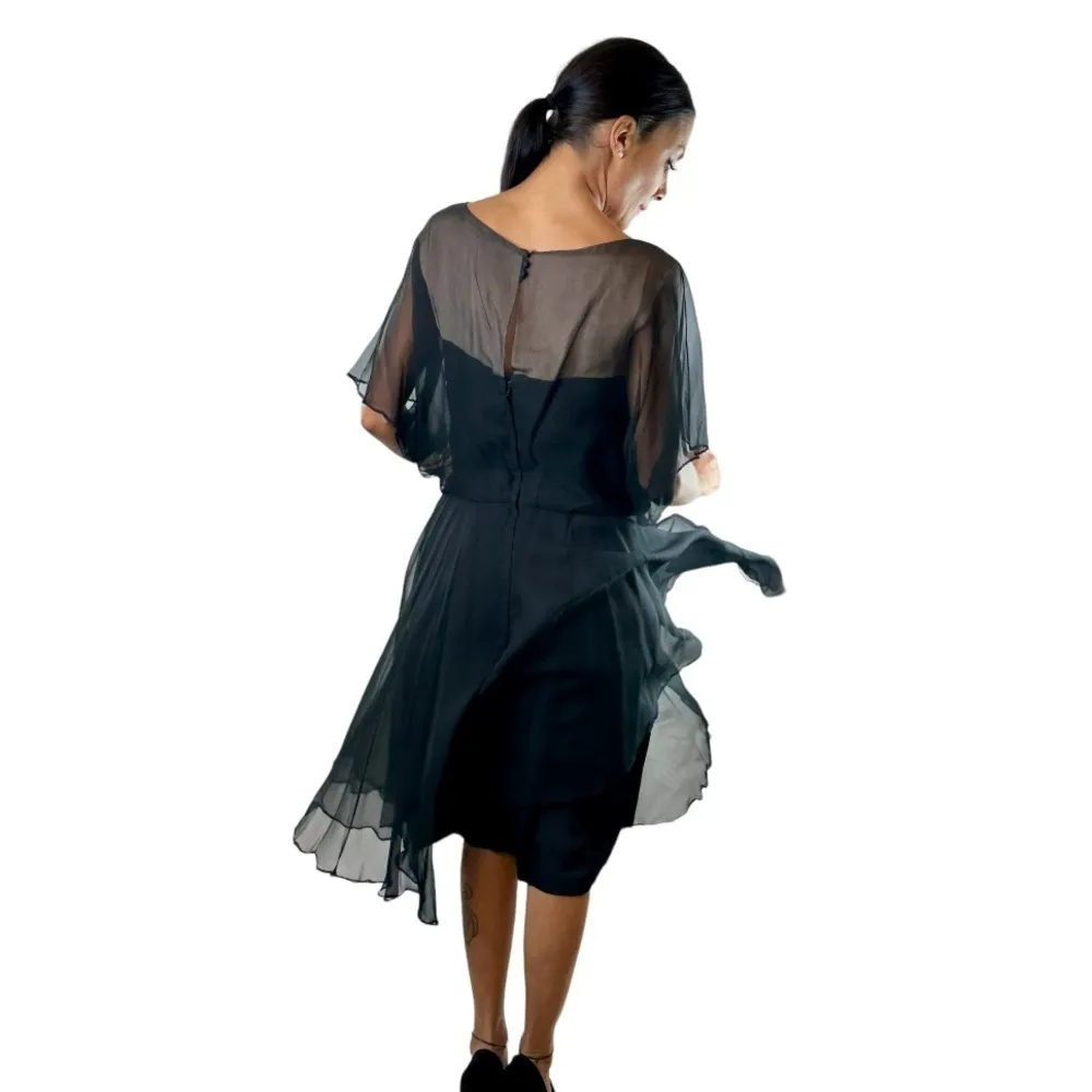 Georgia Bullock Vintage 1960’s Sheer Silk Overlay Black Midi Dress Sz Small. - Image 3