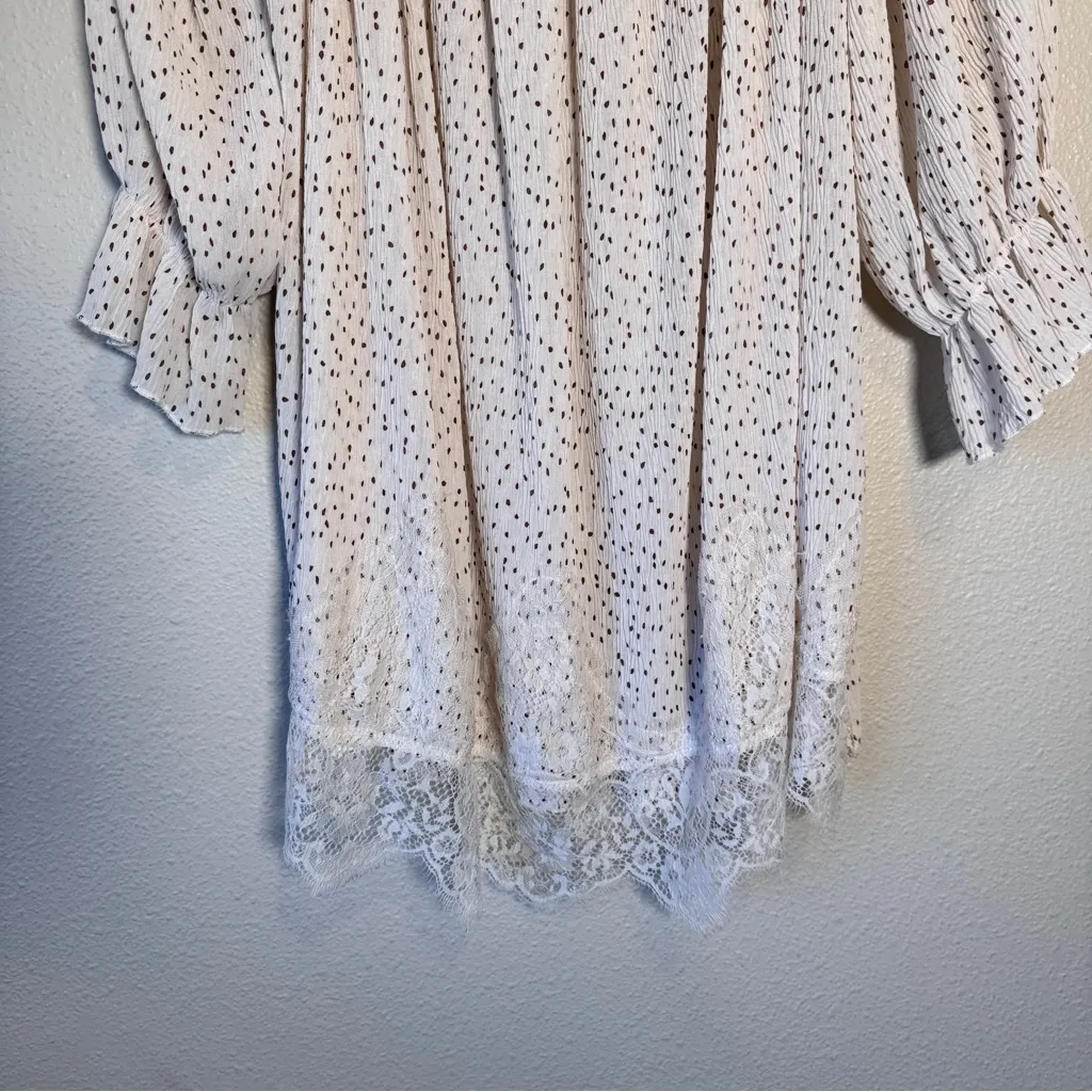 Umgee White Polka Dot Lace Trim Tunic Blouse Women’s L Short Sleeve Shirt Top - Image 9