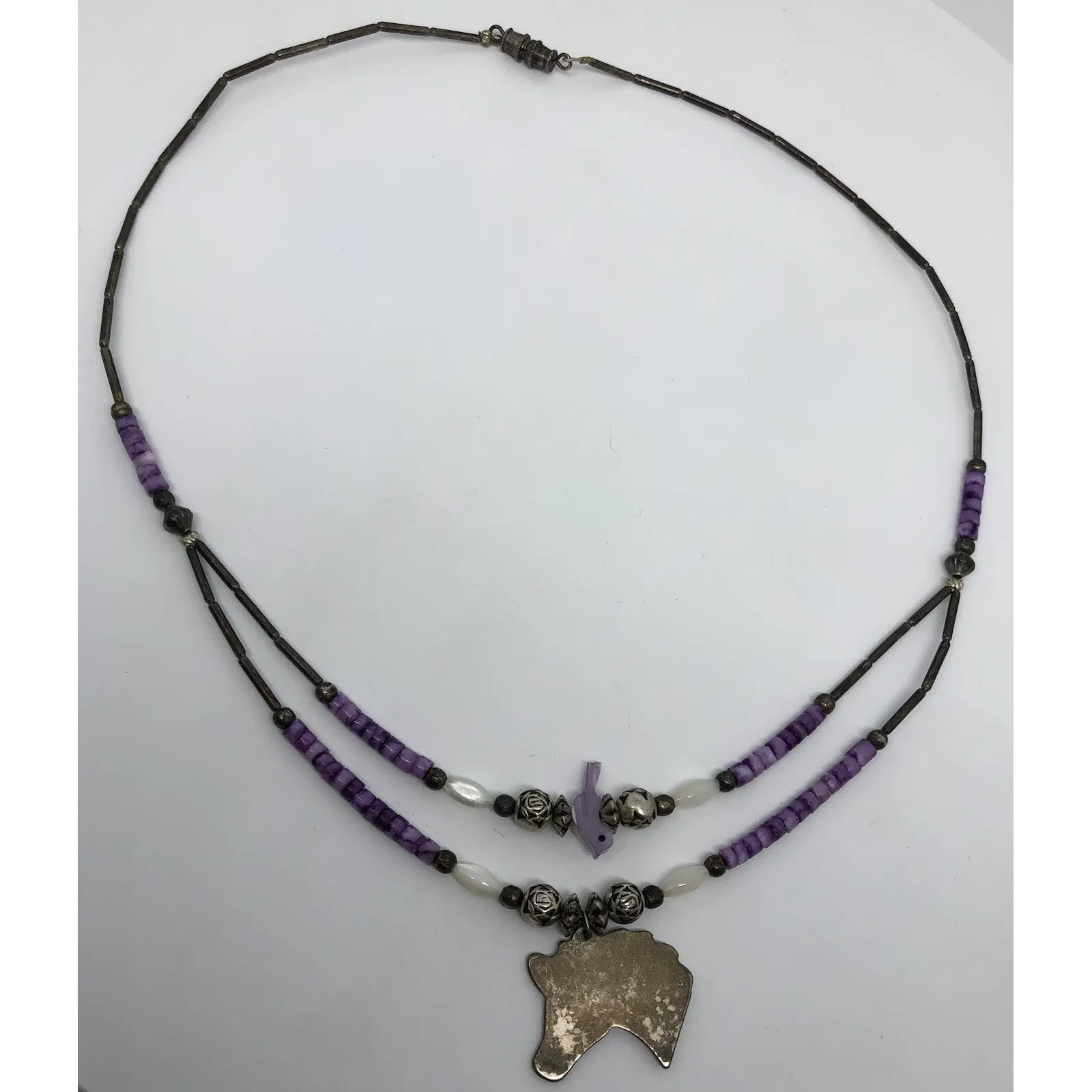 Rare Vtg Silver Horse Necklace Purple Pony Pendant Silver Roses‎ Beaded Bird 16" - Image 5