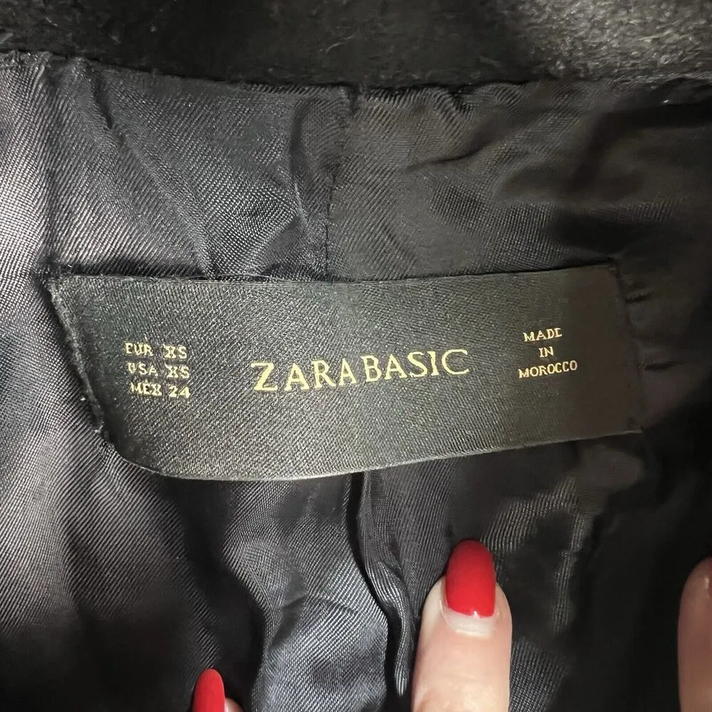 Zara Basic XS Coat Wool Blend Scrunched Funnel Neck Black Single Breasted Heavy - Image 4