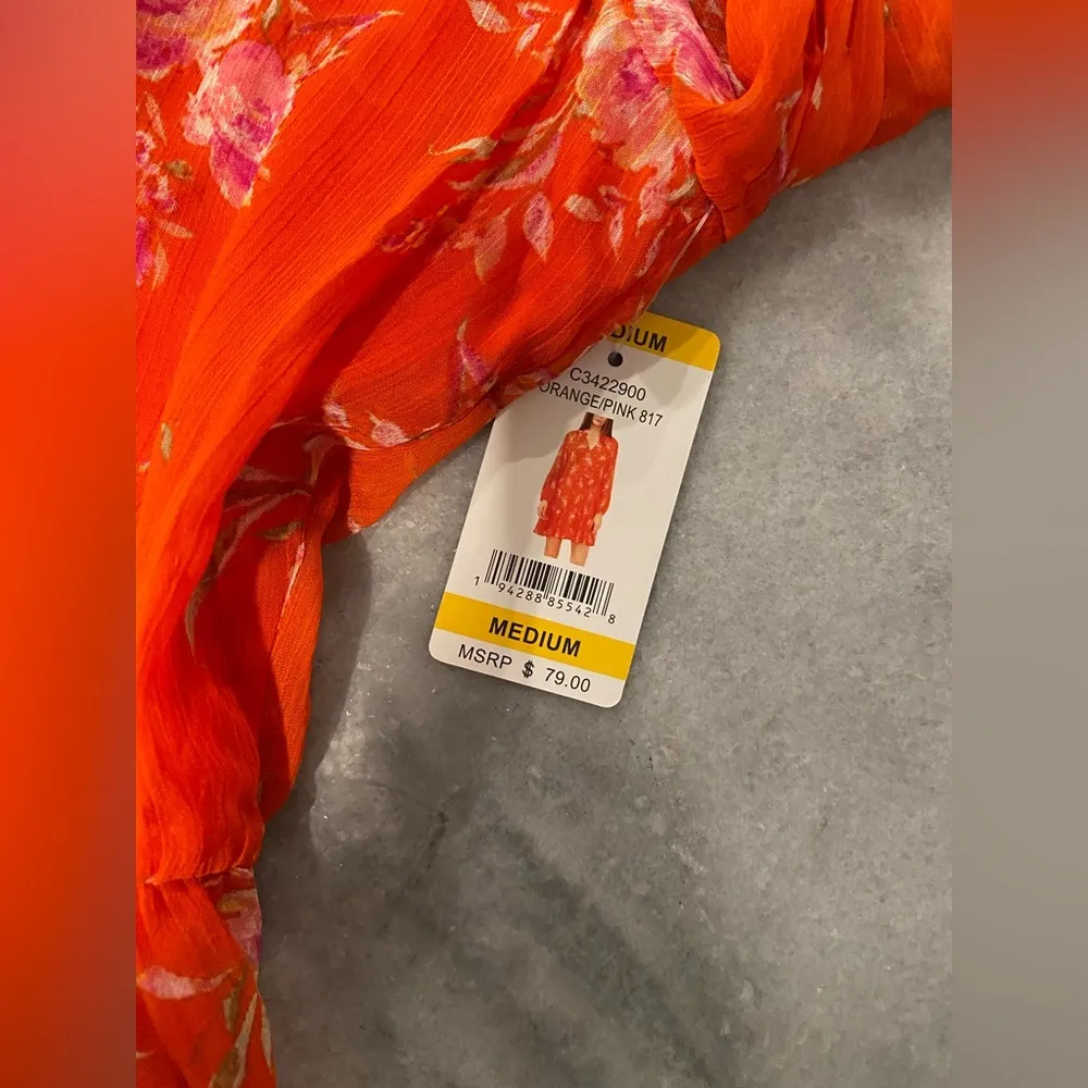 NWT Vince Camuto Size M Orange Floral Ruffle Flowy Long Sleeve Sheer Mini Dress - Image 10