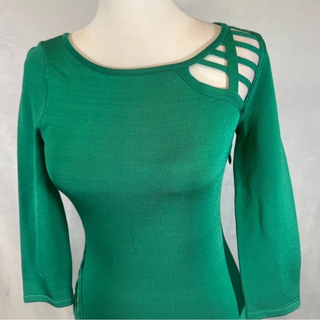 Bebe sexy green long sleeve exposed cutout sweater bodycon dress size small - Image 4