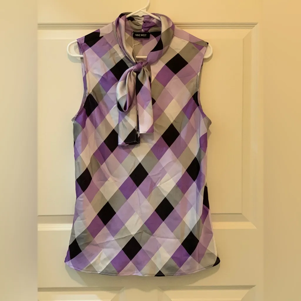 Nine West Purple Plaid Women's Satin Top.    Size-X-Large - Image 2