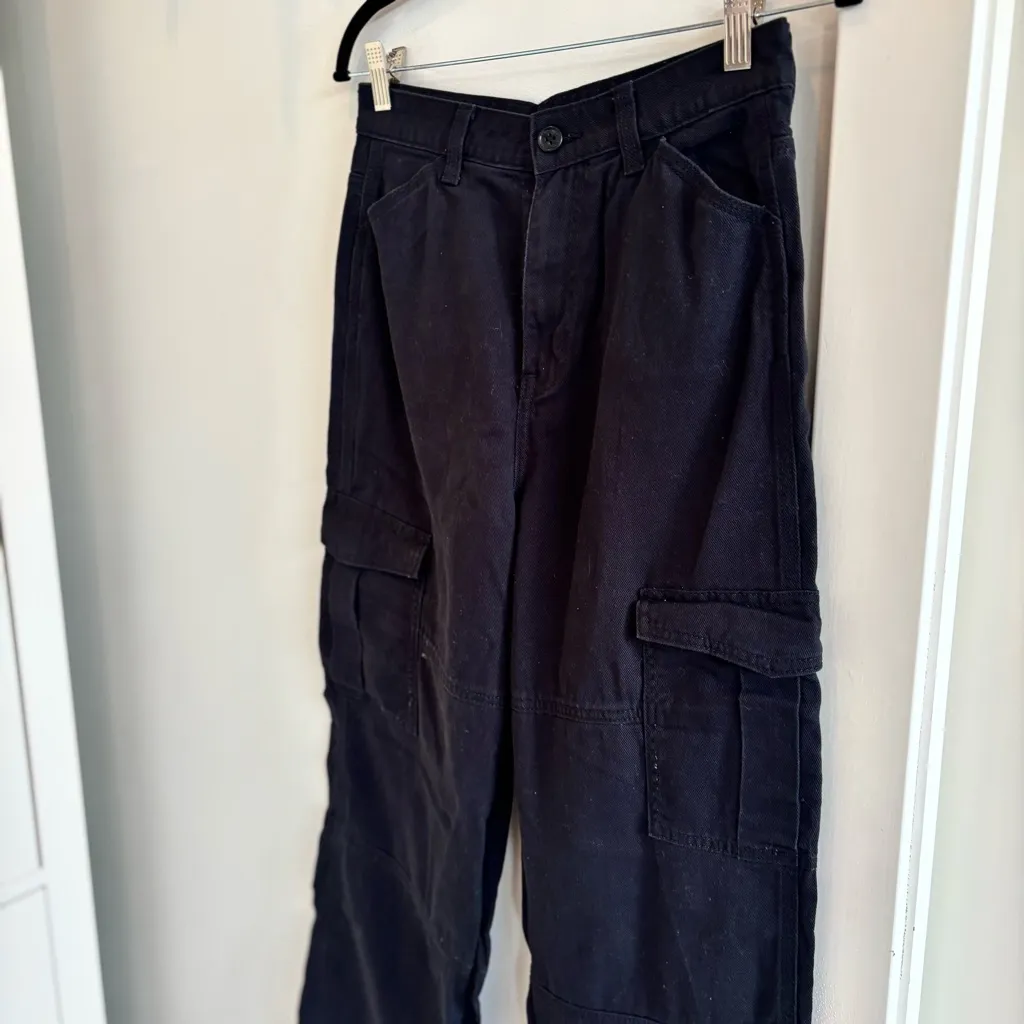 H&M Divided Straight Wide Leg Black Women's Cargo Denim High Rise Size 4 - Image 4
