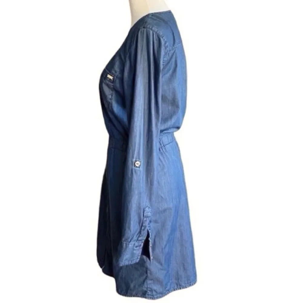 Guess Chambray Denim V-Neck Long Sleeve Elastic Waist Short Dress Size Small - Image 3