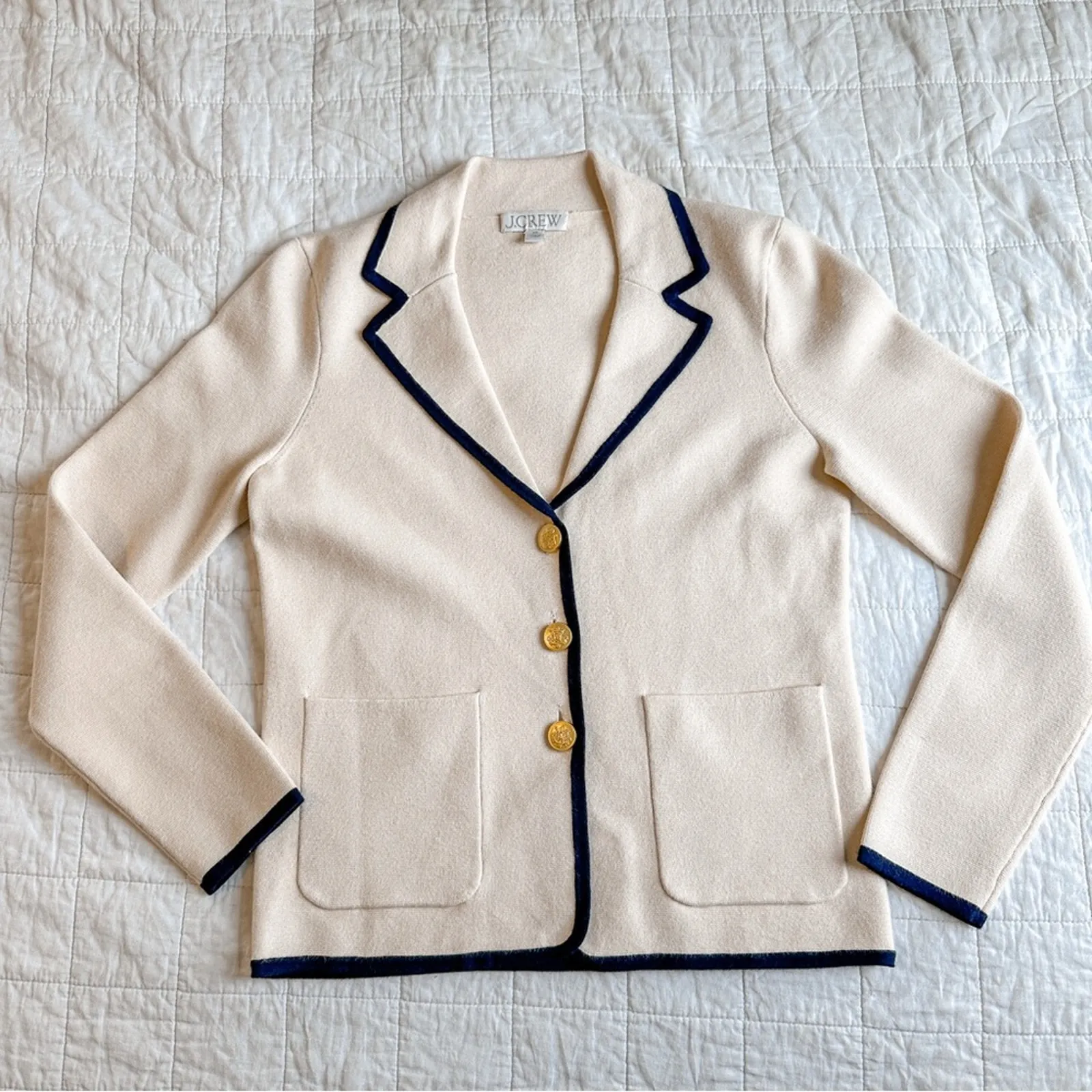 J.Crew Tipped Sweater Blazer Ivory White XS Button Cardigan Sweater - Image 2