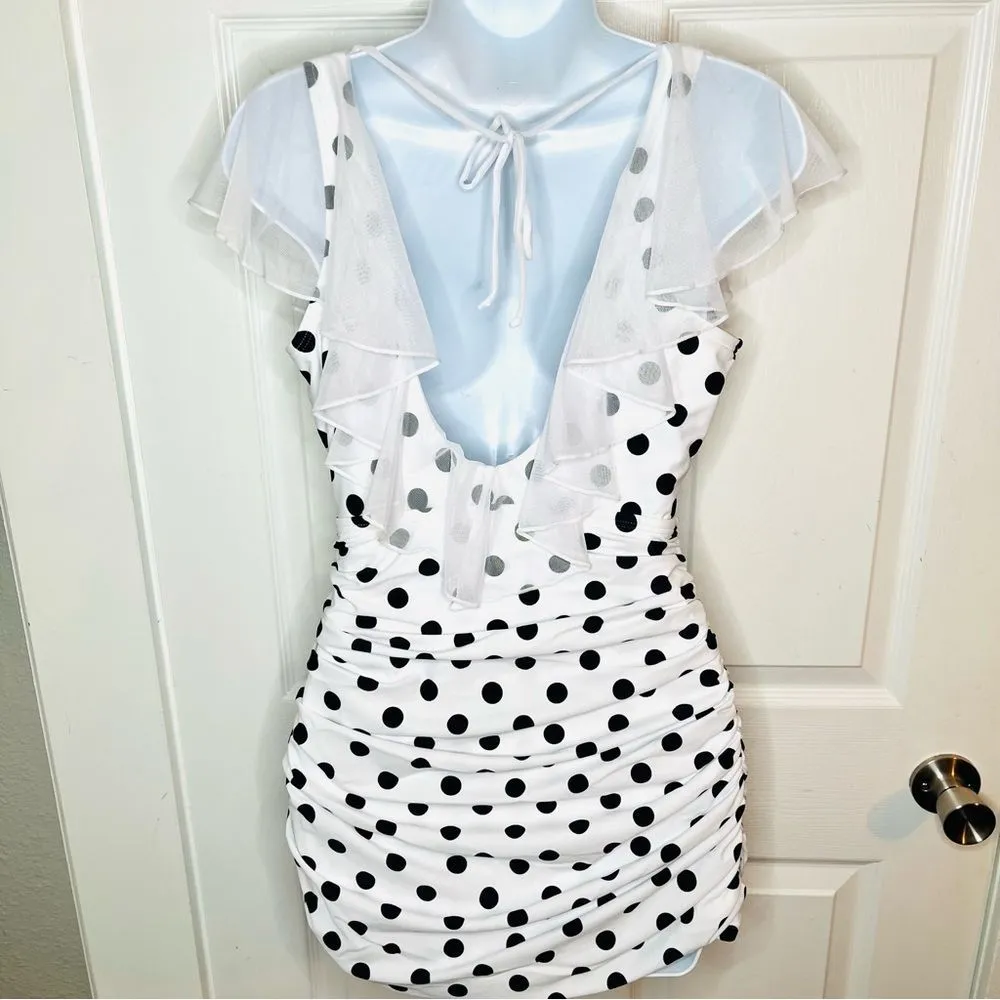 Unique Vintage Polka Dot Ruffle Sheath Swimsuit Mesh Ruffle Black White M NWT - Image 7