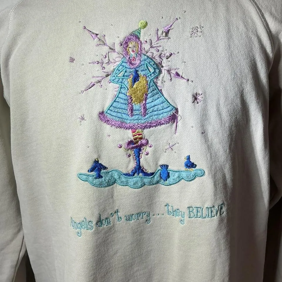 Vintage Embroidered Fairy Novelty‎ Winter Girl Crewneck Sweatshirt Holiday Scene Tan Size L - Image 2