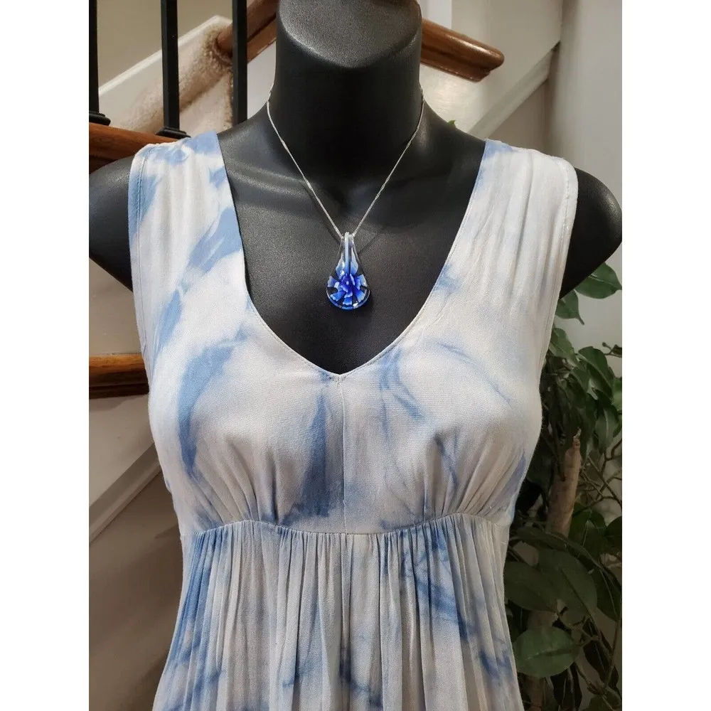 Raviya Womens White Blue Tie Dye 100% Rayon V Neck Sleeveless Maxi Dress Small - Image 2