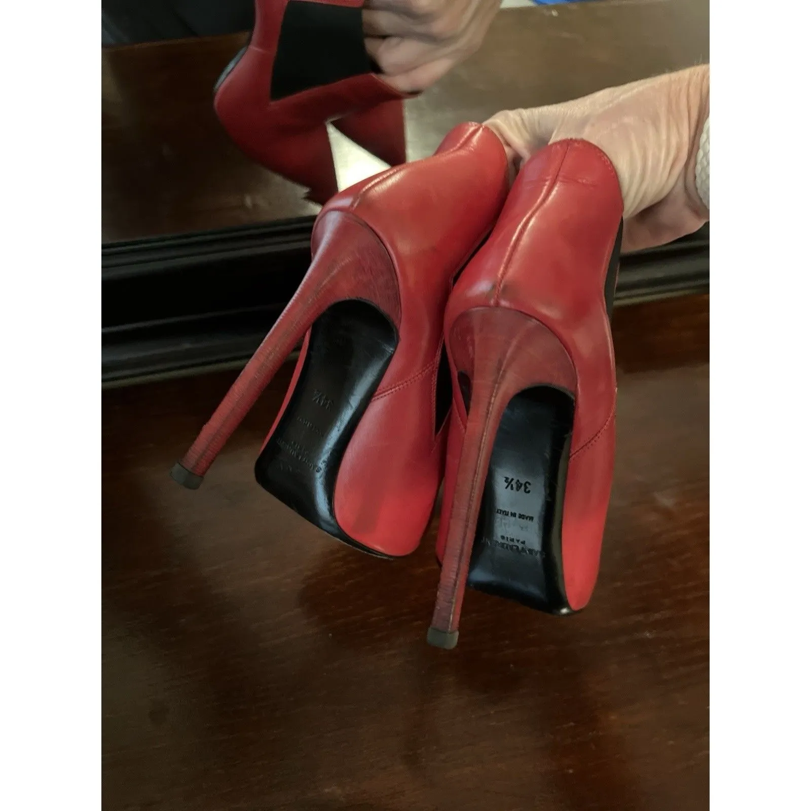 Saint Laurent Zoe Smooth Red Leather Pull On Stiletto Boot Size 34 1/2 - Image 3