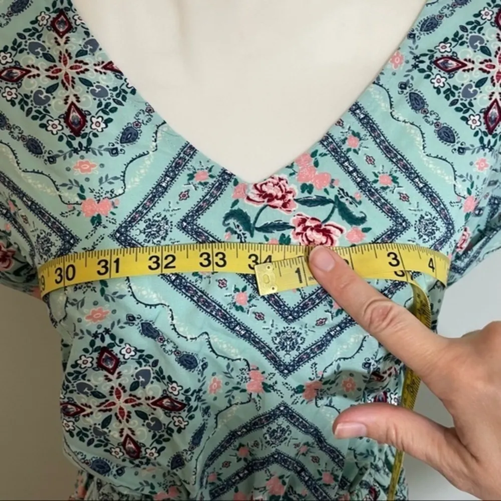 NWT Aqua Blue Floral Zigzag Print Short Sleeve Dress Pockets Cutout Back New - Image 5