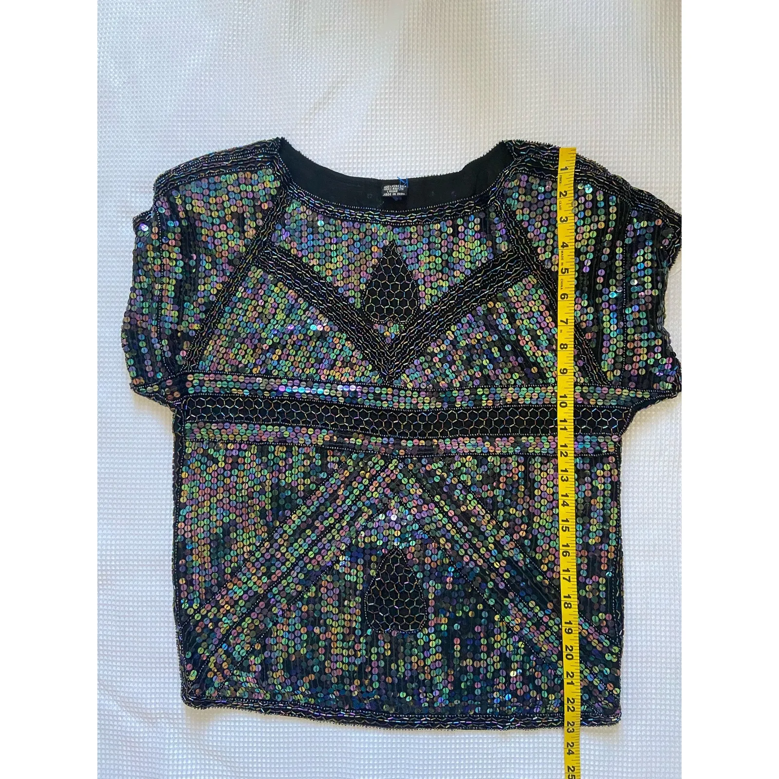 Vintage Silk SequinTop Black Iridescent Short Sleeve Blouse Party Art Deco NYE - Image 5