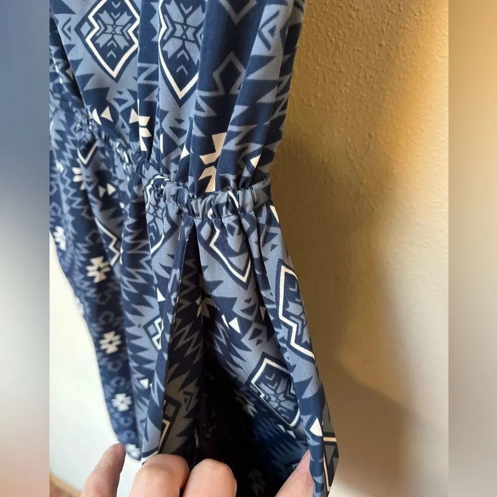 Pink Rose Women’s Blue Aztec Bohemian Print Pocket Short Sleeve Mini Dress Small - Image 6