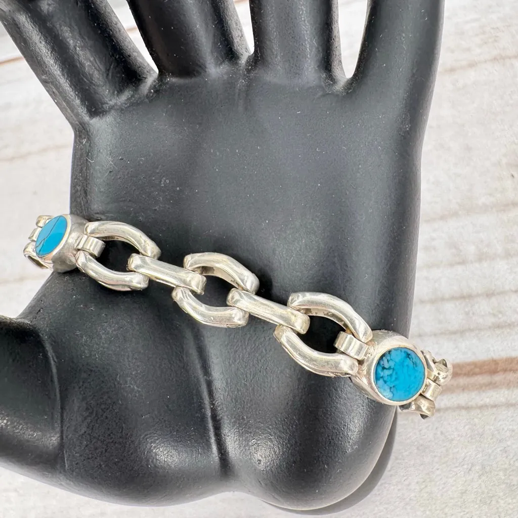 Vintage Sterling Silver Turquoise Link Bracelet Stamped 925 Mexico Southwestern - Image 3