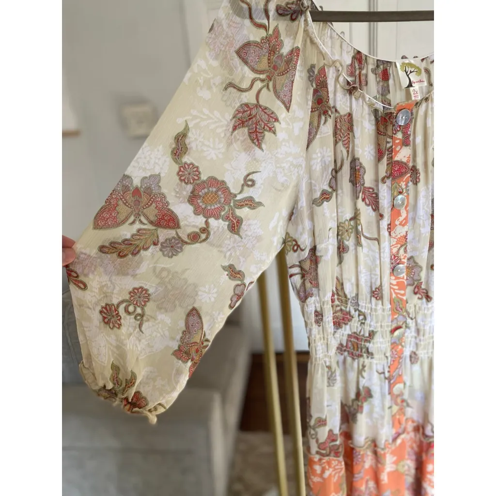 Fig And Flower Maxi Dress Floral Sheer Tiered Fairy Romantic Cottagecore Boho 2X Orange - Image 9