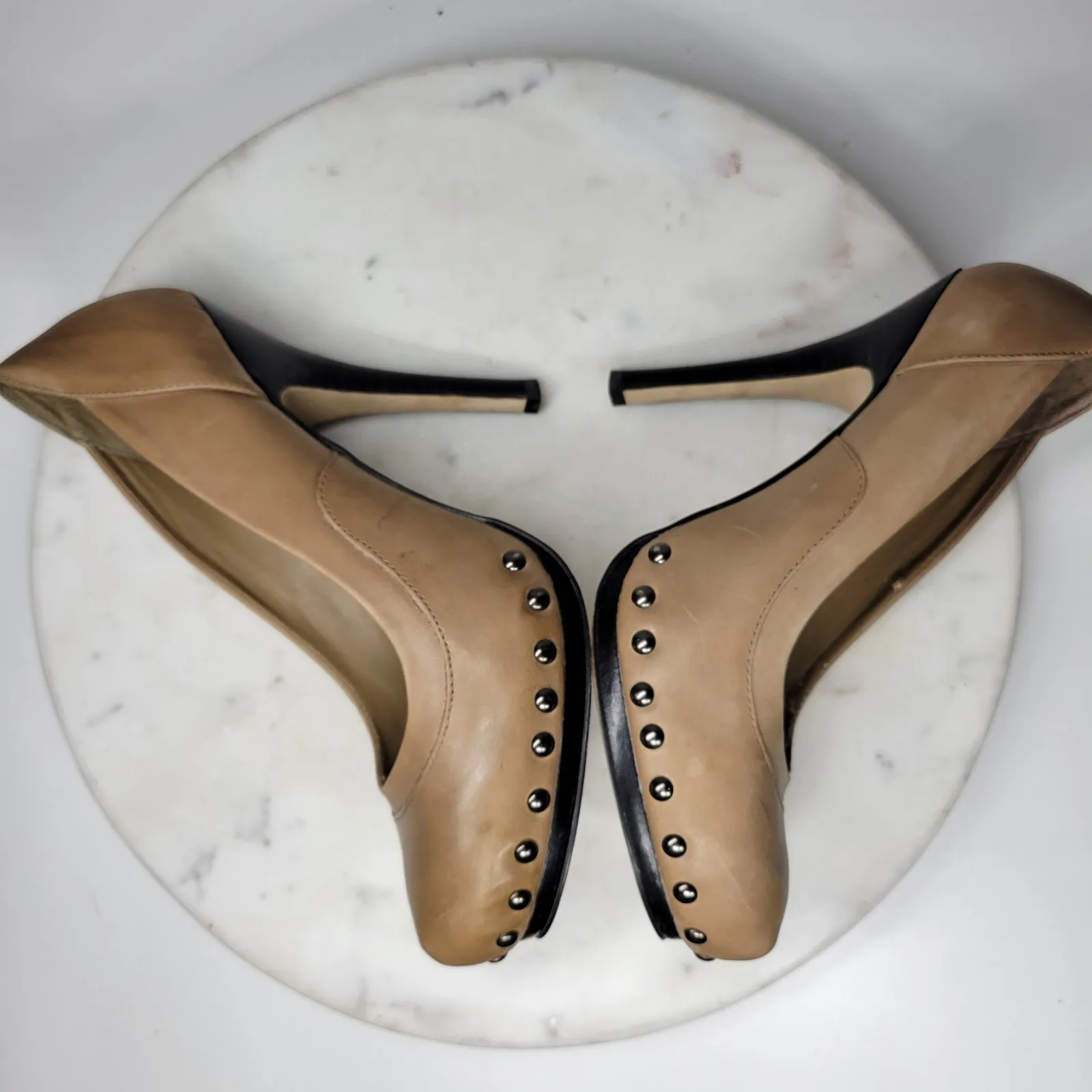 Aldo Stilettos Womens 39 US 8.5 Tan Leather Studded Rivets Platform‎ High Heels - Image 7