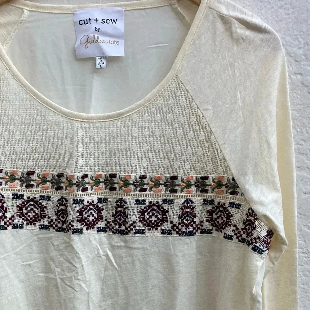 Cut and Sew by Golden Tote Boho Embroidered Long Sleeve Top Size Large​‎ - Image 2