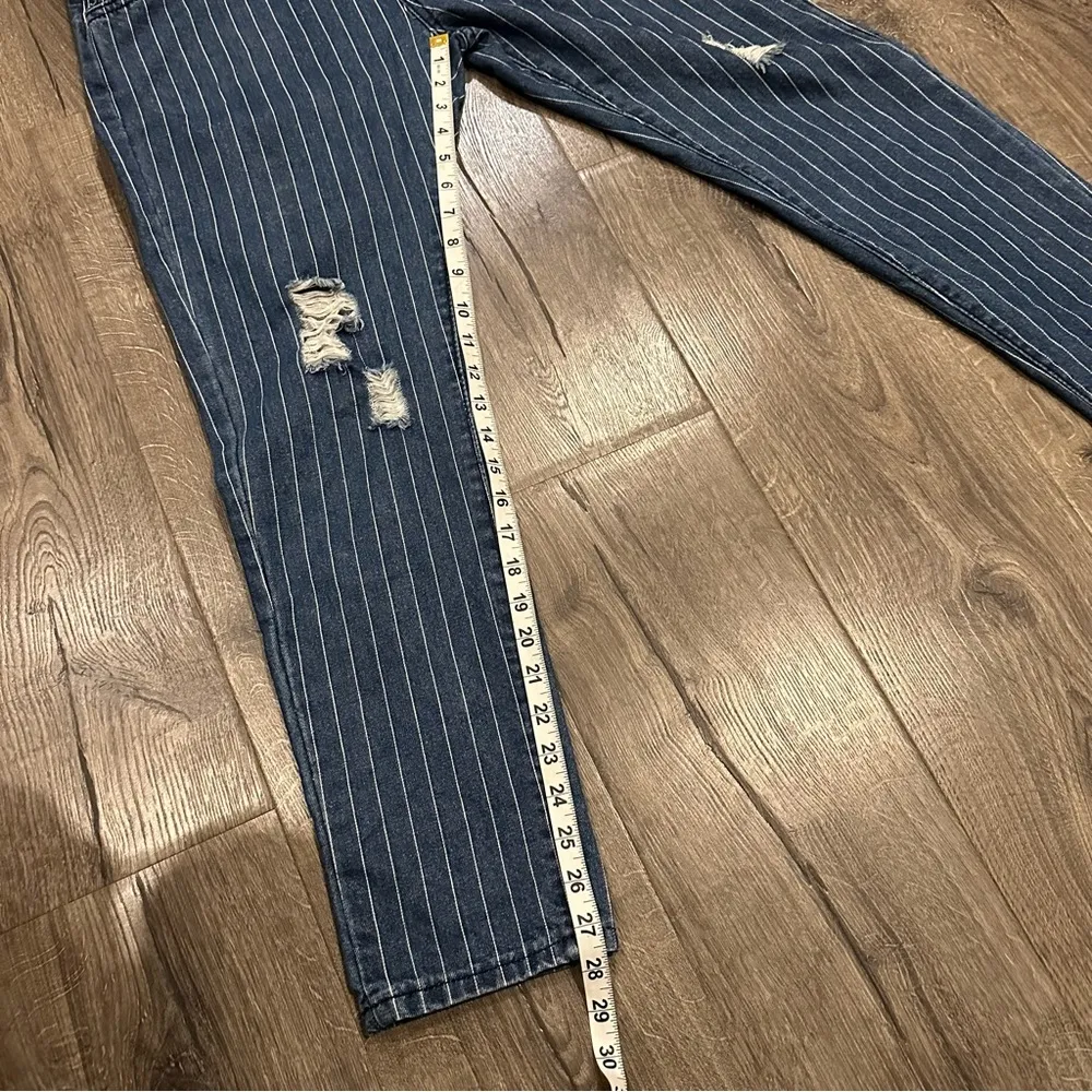 Women's Vintage Y2K Pinstripe Denim Bib Overalls Dungaree Conductor Size M/L Blue - Image 12