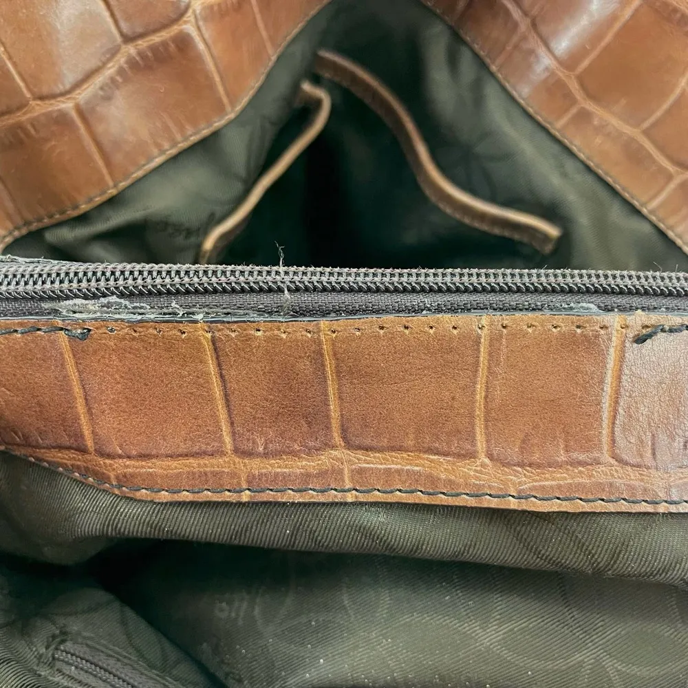 Fossil Brown Leather Reptile Crocodile 3 Section Zip Snap Large Shoulder Bag - Image 11