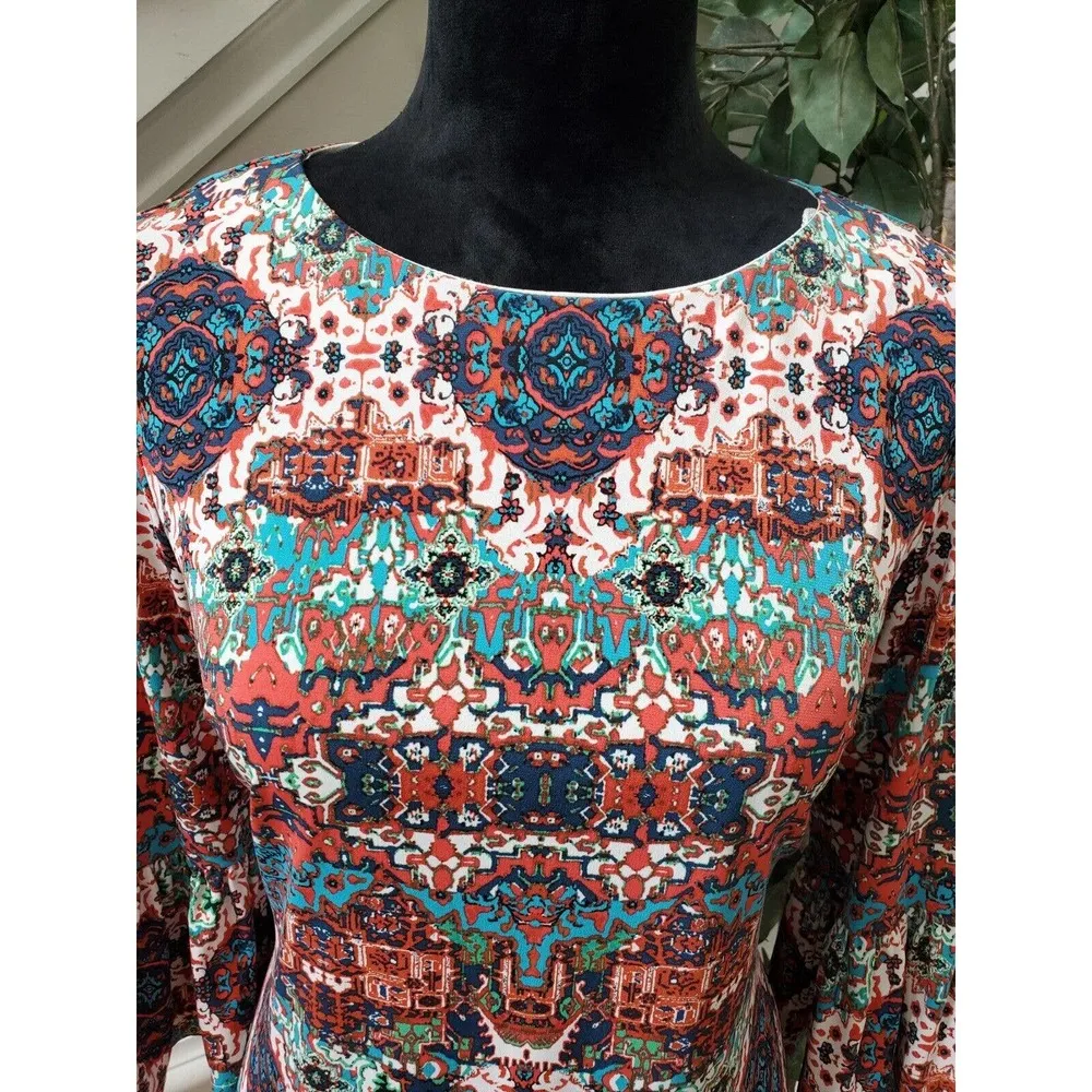 London Style Women's Multicolor Round Neck Long Sleeve Knee Length Dress Size 4 - Image 2