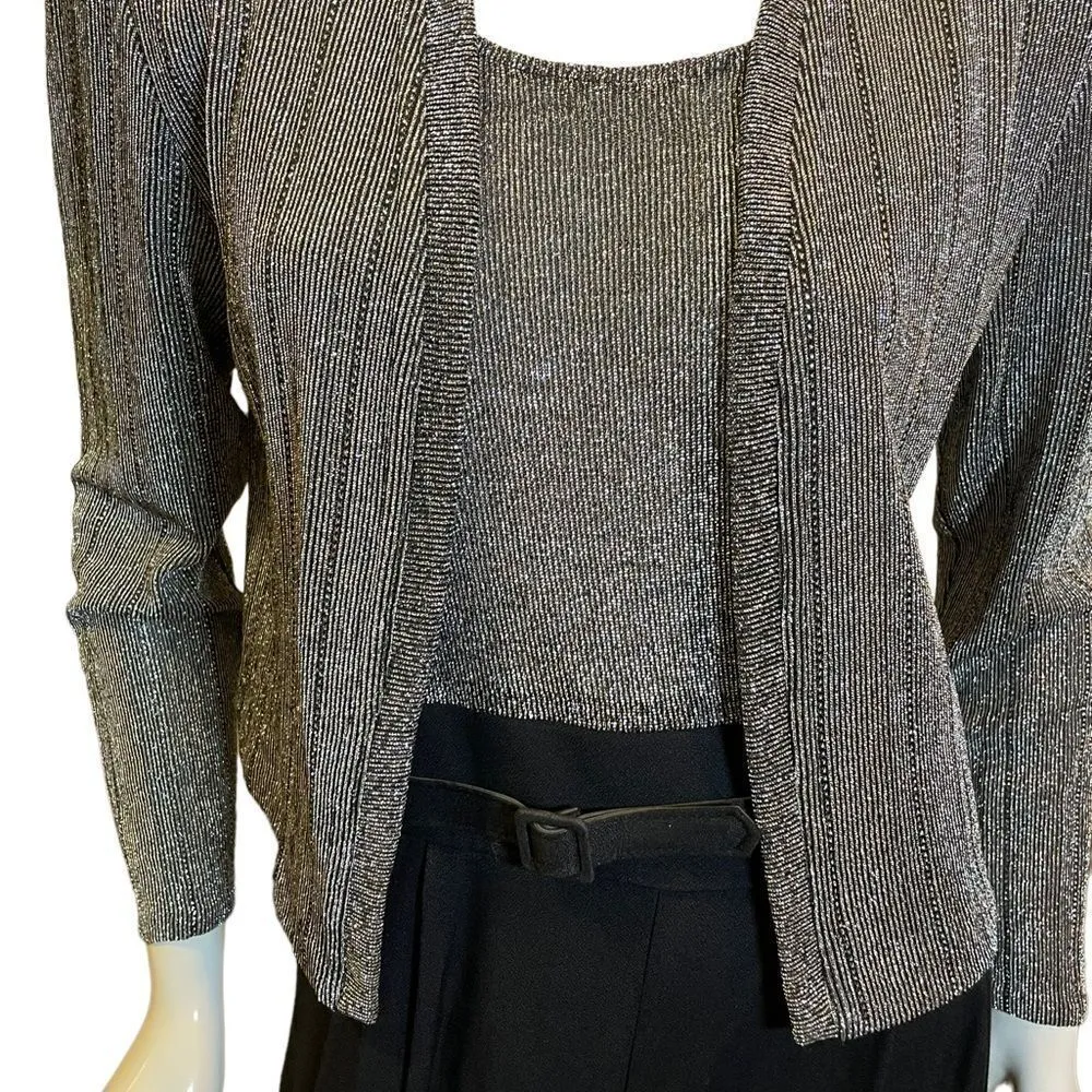 Vintage 1980s Metallic Lurex Silver Black Jumpsuit Crop Cardigan Coordinated Set Size XS - Image 8
