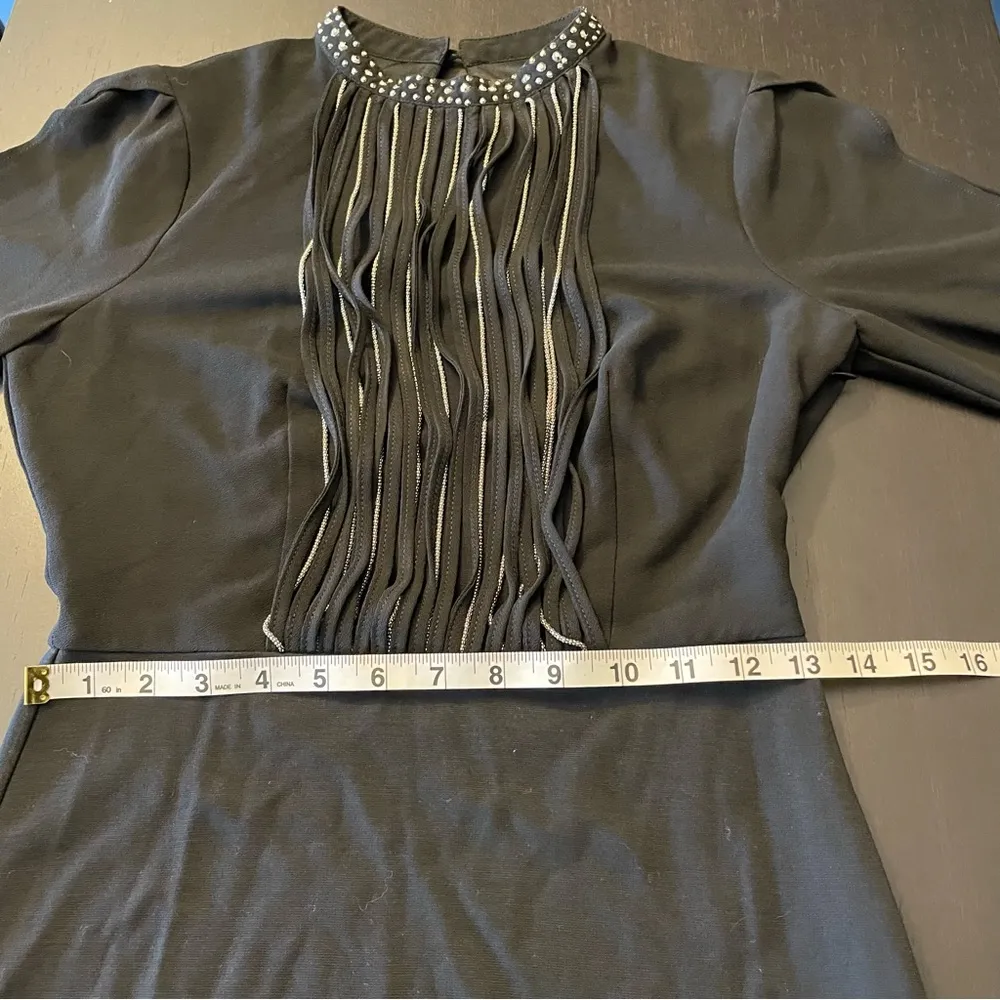 Black Rhinestone Beaded Fringe Front Split Sleeve Mini Dress Women’s Size S - Image 9