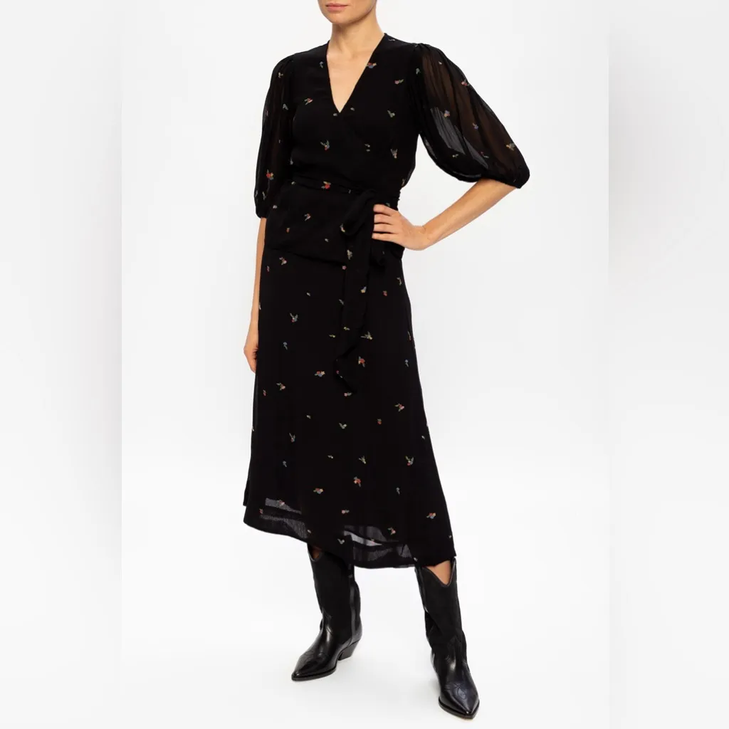 GANNI Gathered Floral-Print Crepe De Chine Midi Dress, Black, FR34/US2 - Image 4