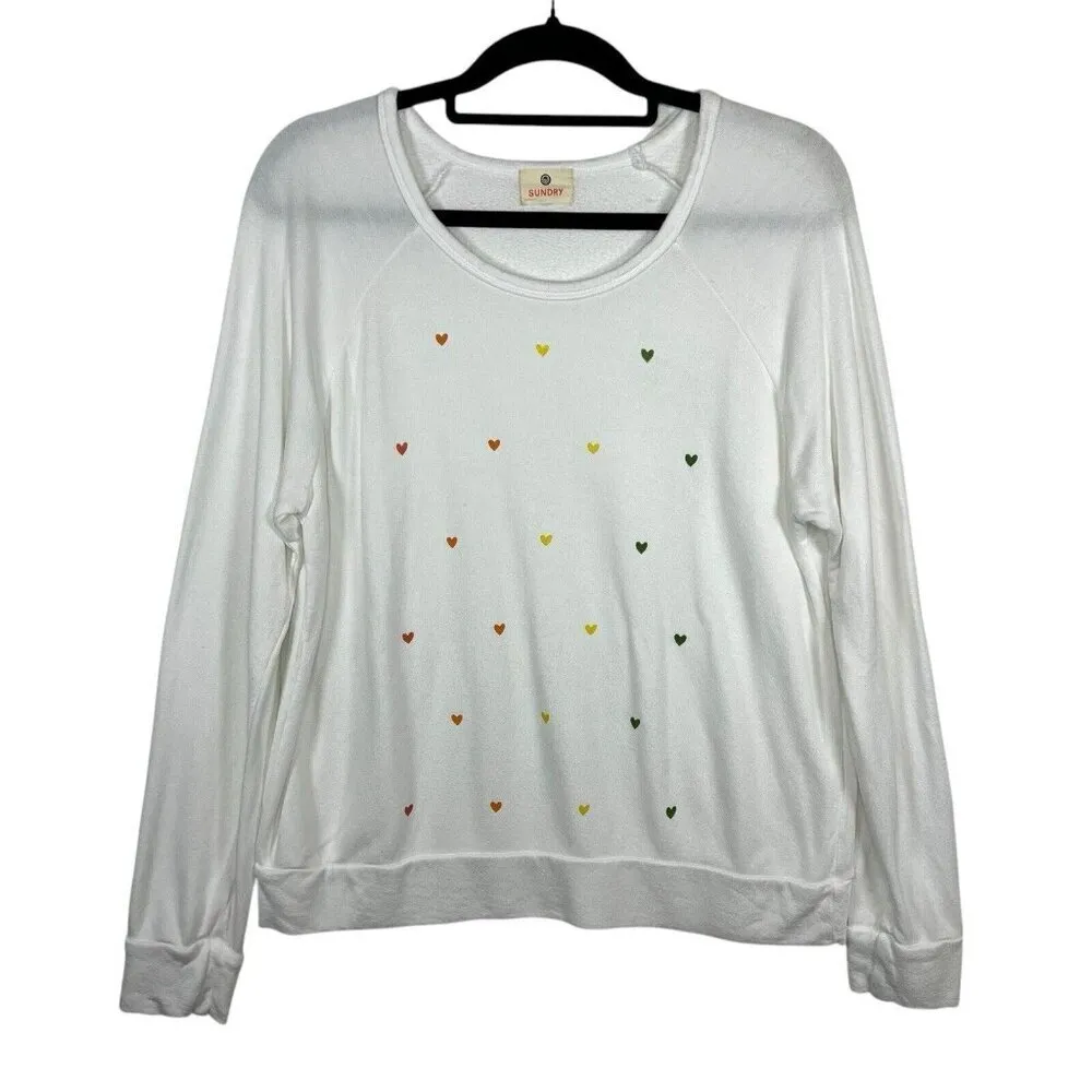 Sundry Womens White Mini Hearts Long Sleeve Scoop Neck Pullover Sweater Sz L - Image 1